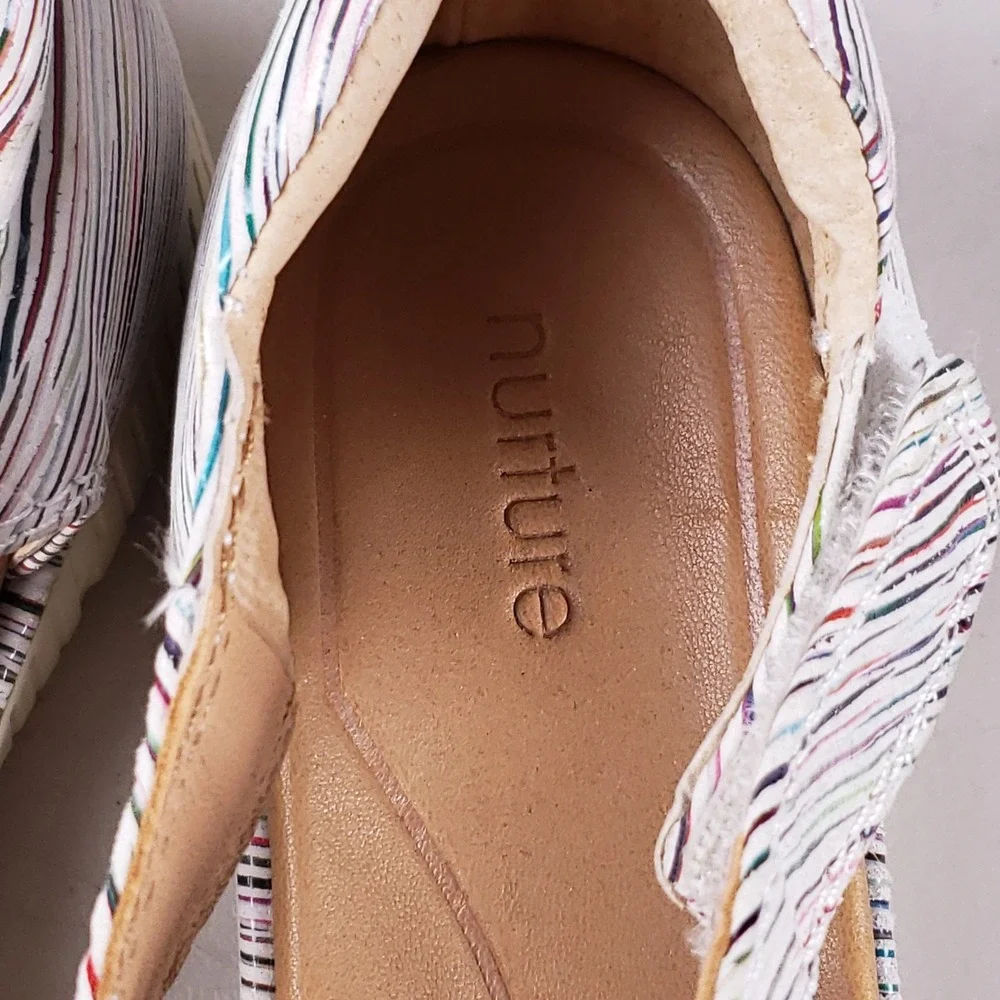Nurture Womens 9M Multi Color Striped Leather Wedge Sandals Hook‎ Loop Strap